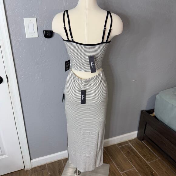 Lulus Trendy Match White Striped Ribbed Two-Piece Midi Dress, S - Picture 2 of 5
